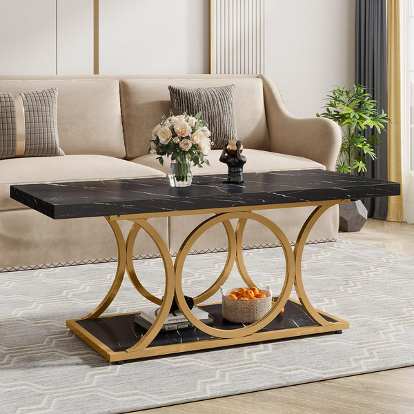 47" 2-Tier Rectangle Coffee Table with Faux Marble Top & Geometric Metal Legs