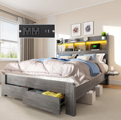 Queen Bed Frame with Storage Headboard, LED Lights & Charging Station