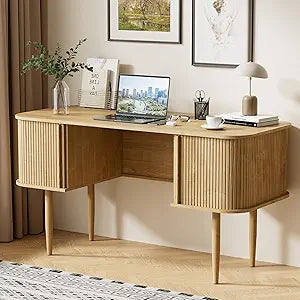 55" Fluted Writing Desk with Sliding Door Storage