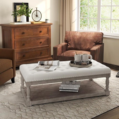 Rectangular Tufted Ottoman Coffee Table with Storage Shelf
