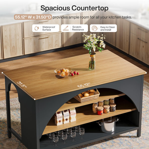 Kitchen Island with 3 Storage Shelves & Seating Area