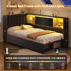 Twin Corner Bed Frame with Storage Headboard, LED Lights & Charging Station