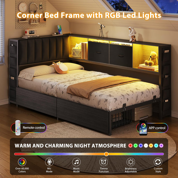 Twin Corner Bed Frame with Storage Headboard, LED Lights & Charging Station