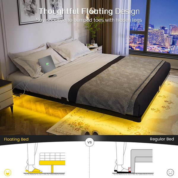 King Size Floating Metal Bed Frame with LED Light & Charging Station