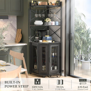 Corner Bar Cabinet with Power Outlet & LED Lights – 5-Tier Wine & Liquor Storage