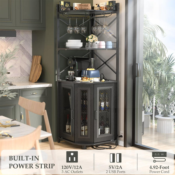 Corner Bar Cabinet with Power Outlet & LED Lights – 5-Tier Wine & Liquor Storage