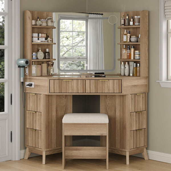 Corner Vanity Desk with Mirror, Lights & 8 Drawers