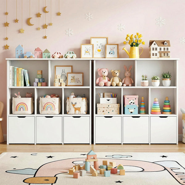 Kids Toy Storage Organizer with 3 Drawers & 5 Open Cubbies — Bookshelf Cabinet for Playroom & Nursery