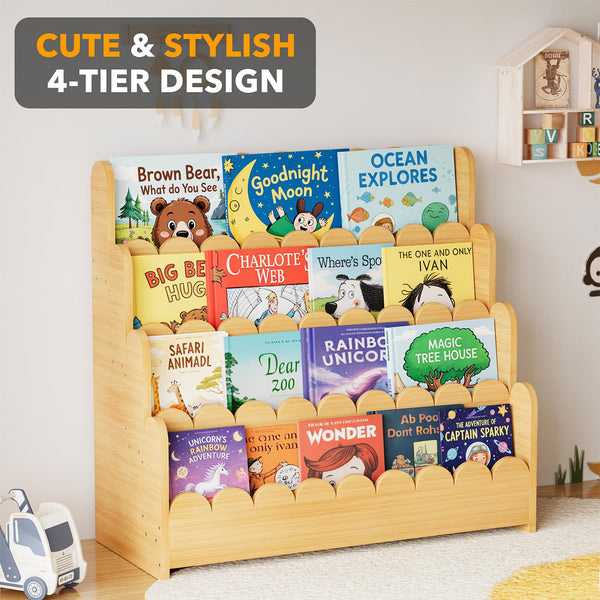 4-Tier Scalloped Kids Bookshelf – Front-Facing Wooden Bookcase