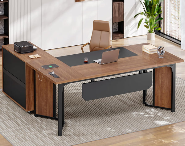 63" Executive Desk with Mobile File Cabinet, Power Outlets & Storage Shelves