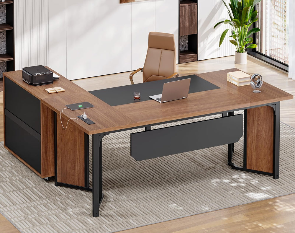 63" L-Shaped Executive Desk with File Cabinet & Power Outlets