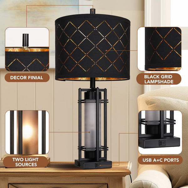 Modern Table Lamp Set of 2 with USB Charging & Black Grid Shade