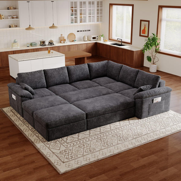 112" Modular Cloud Sectional Sofa, 6-Seater Chenille, Storage Ottoman