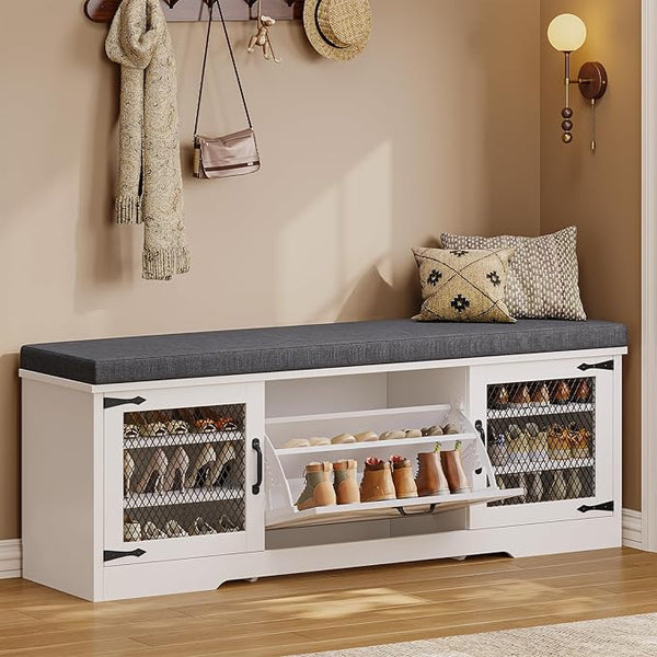 Farmhouse Shoe Storage Bench with Cushion & Deodorizer