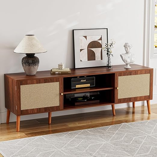 65-Inch TV Stand with Rattan Doors & Storage Cabinets