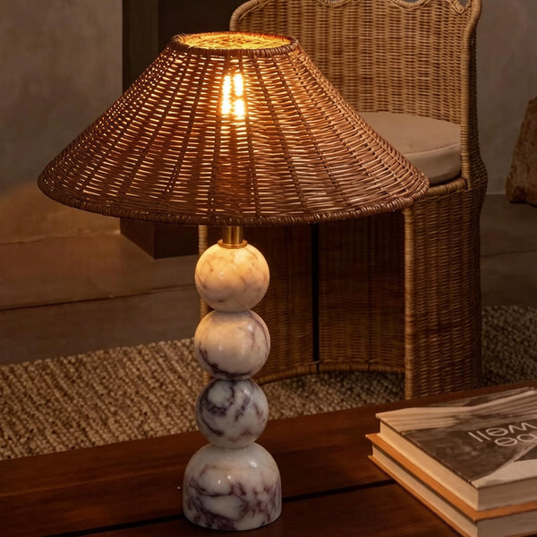 Marble Stacked Ball Table Lamp with Rattan Shade