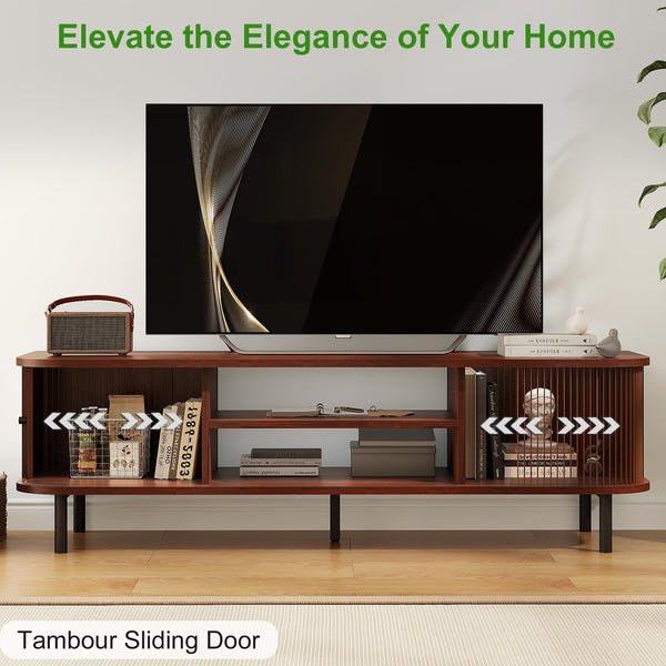 Mid-Century TV Stand with Sliding Doors & Hidden Storage