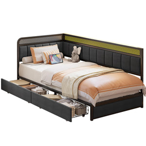 Corner Bed Frame with Storage Drawers, LED Lights & Charging Station