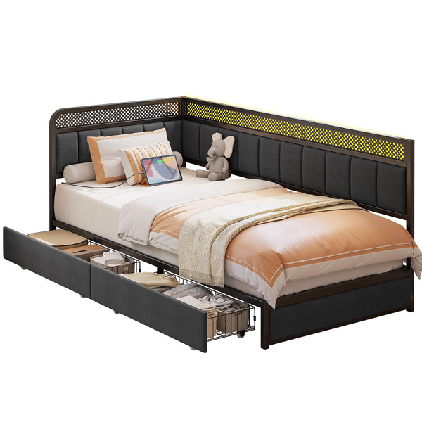 Corner Bed Frame with Storage Drawers, LED Lights & Charging Station