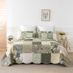 Cotton Patchwork Quilt Set with Pillow Shams – All Season Floral Bedspread