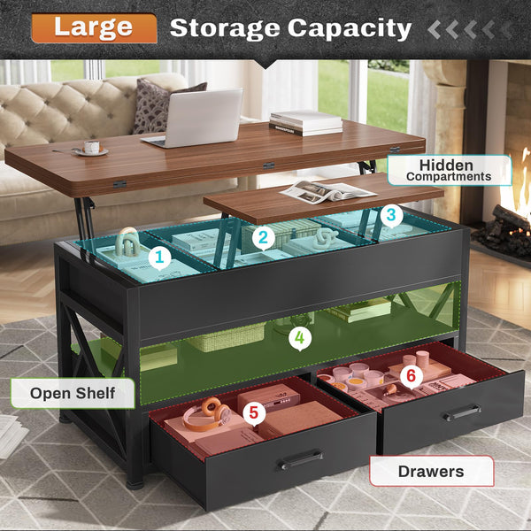 Lift Top Coffee Table 4-in-1 with Storage & LED Light