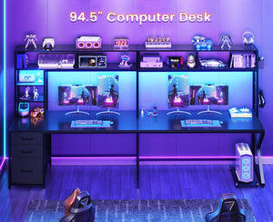 L-Shaped Gaming & Computer Desk with Storage, LED Lights & Power Outlet