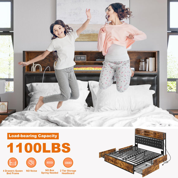 Queen Bed Frame with Storage Drawers & Charging Station