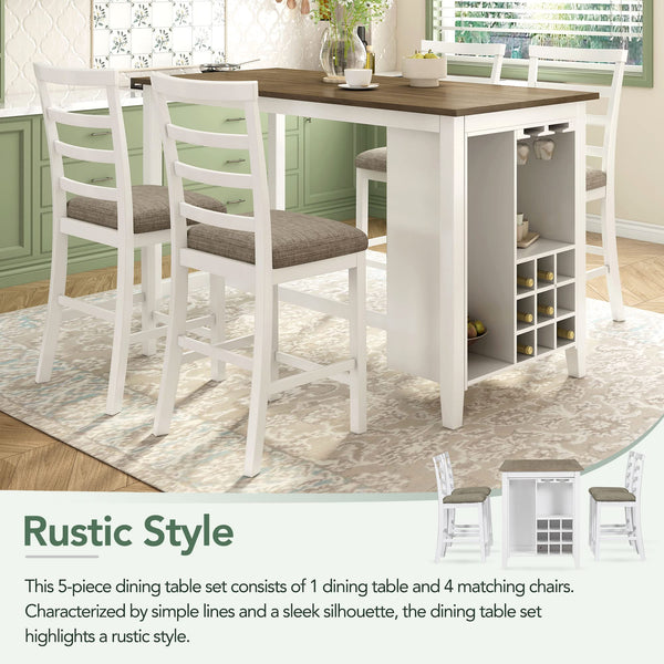 5-Piece Counter Height Dining Table Set – Solid Wood, Upholstered Chairs & Built-In Wine Storage