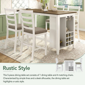 5-Piece Counter Height Dining Set with Wine Storage — Rubber Wood, Brown & White Wash