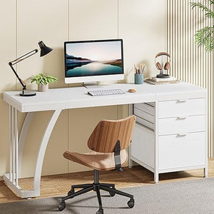 59-Inch Industrial Computer Desk with 3 Drawers and File Storage