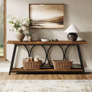 71-Inch Industrial Console Table with 2-Tier Storage Shelf