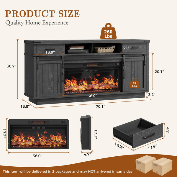 70-Inch Fireplace TV Stand with 36-Inch Electric Fireplace