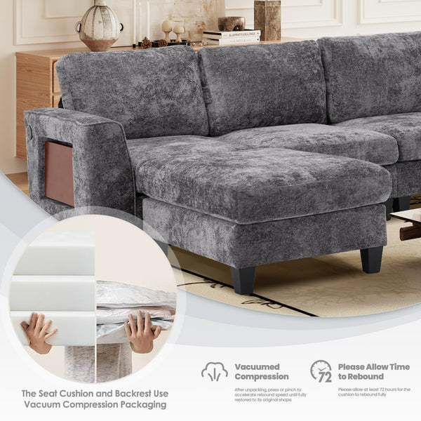 118" Modular Sectional Sofa with Ottomans, USB Ports & Foldable Side Table
