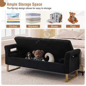 King Size Storage Bench with Arms, Boucle Fabric, Gold Legs, 2 Pillows