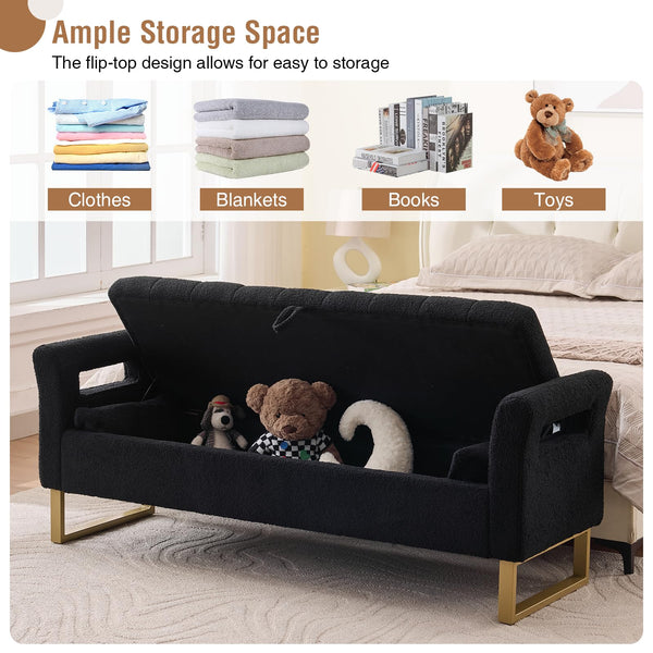 King Size Storage Bench with Arms, Boucle Fabric, Gold Legs, 2 Pillows