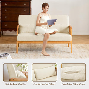 Small Loveseat with Rattan Armrests & Sherpa Fabric