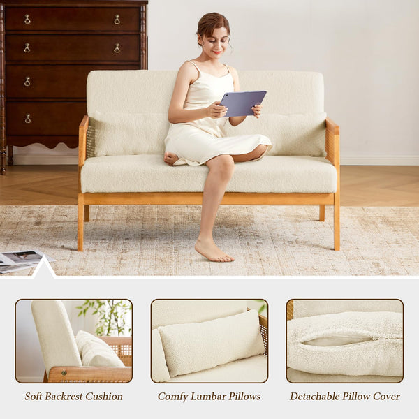 Small Loveseat with Rattan Armrests & Sherpa Fabric
