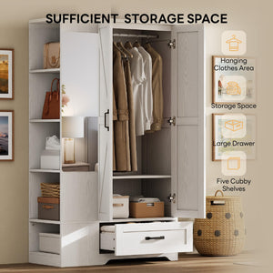 70" Wardrobe with Mirror, 2 Doors, Drawer & Side Shelves