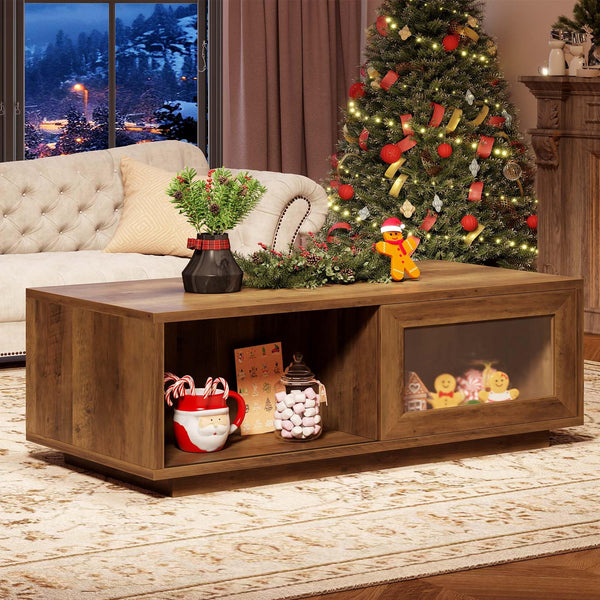 Rustic Wood Coffee Table with Sliding Door Storage