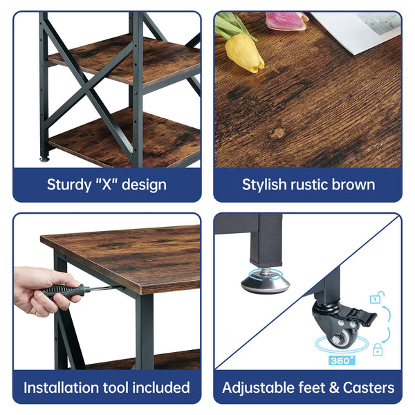 3-Tier Large Printer Stand with Height-Adjustable Shelf & Rolling Casters