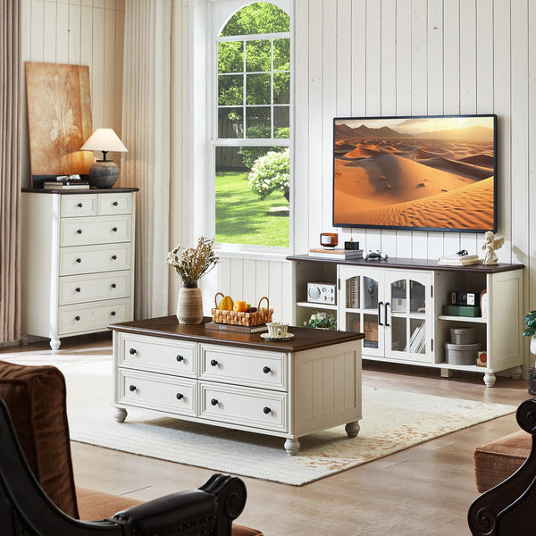 Farmhouse Coffee Table with 4 Drawers & Hidden Storage