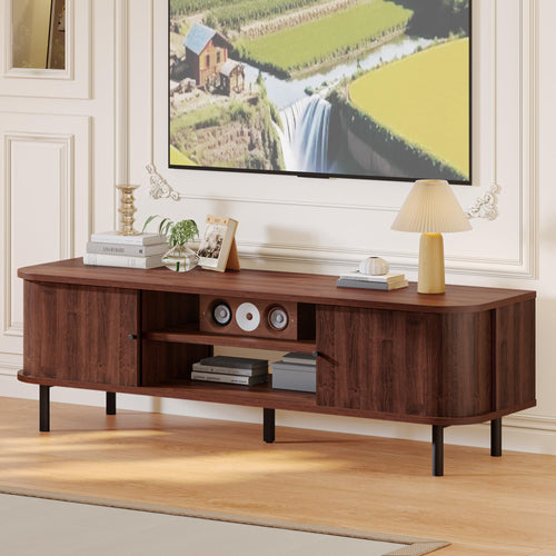 Mid-Century TV Stand with Sliding Doors & Hidden Storage