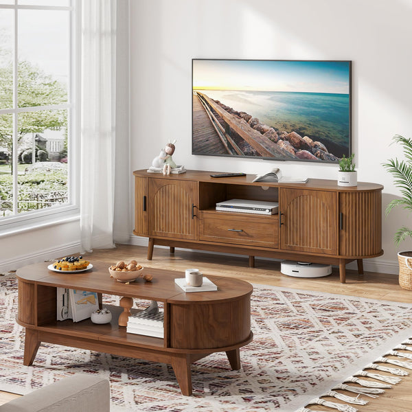Fluted TV Stand with Drawers & Sliding Doors