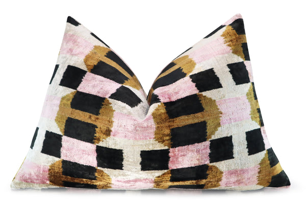 Pink Brown Geometric Silk Velvet Throw Pillow
