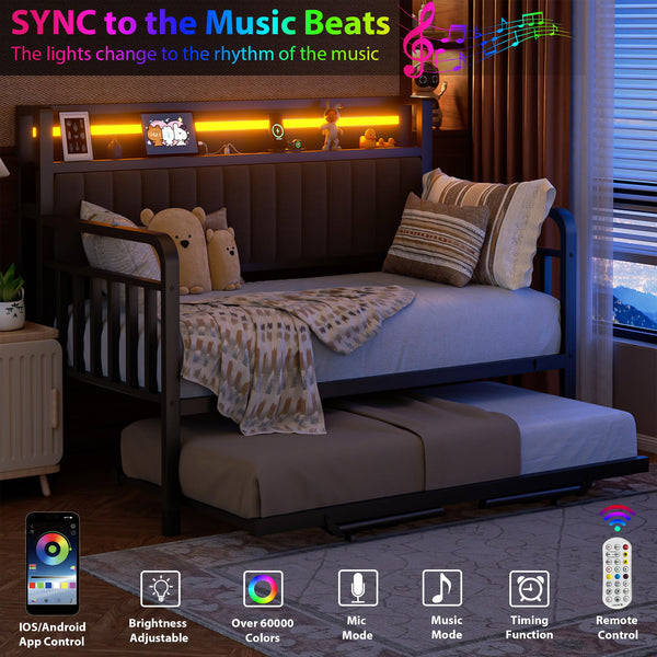 Metal Daybed with Trundle, LED Headboard & Charging Station