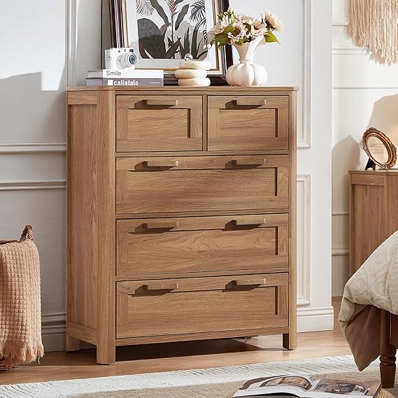 5-Drawer Farmhouse Wood Dresser with Deep Drawers