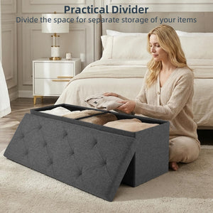 43-Inch Foldable Storage Ottoman Bench with Padded Seat – Grey, 660 lbs Capacity