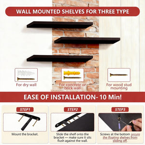 Black Floating Shelves for Wall 36 Inch – Set of 3 with Invisible Brackets