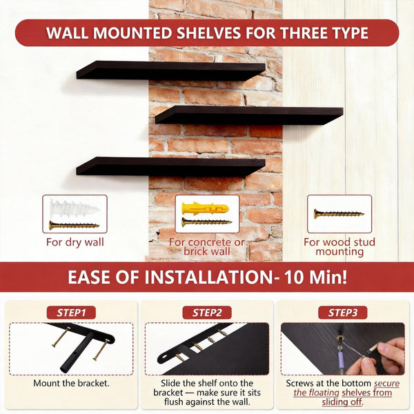 Black Floating Shelves for Wall 36 Inch – Set of 3 with Invisible Brackets