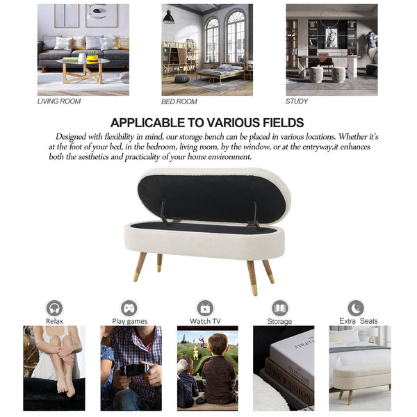Upholstered Storage Ottoman Bench with Gold Metal Legs